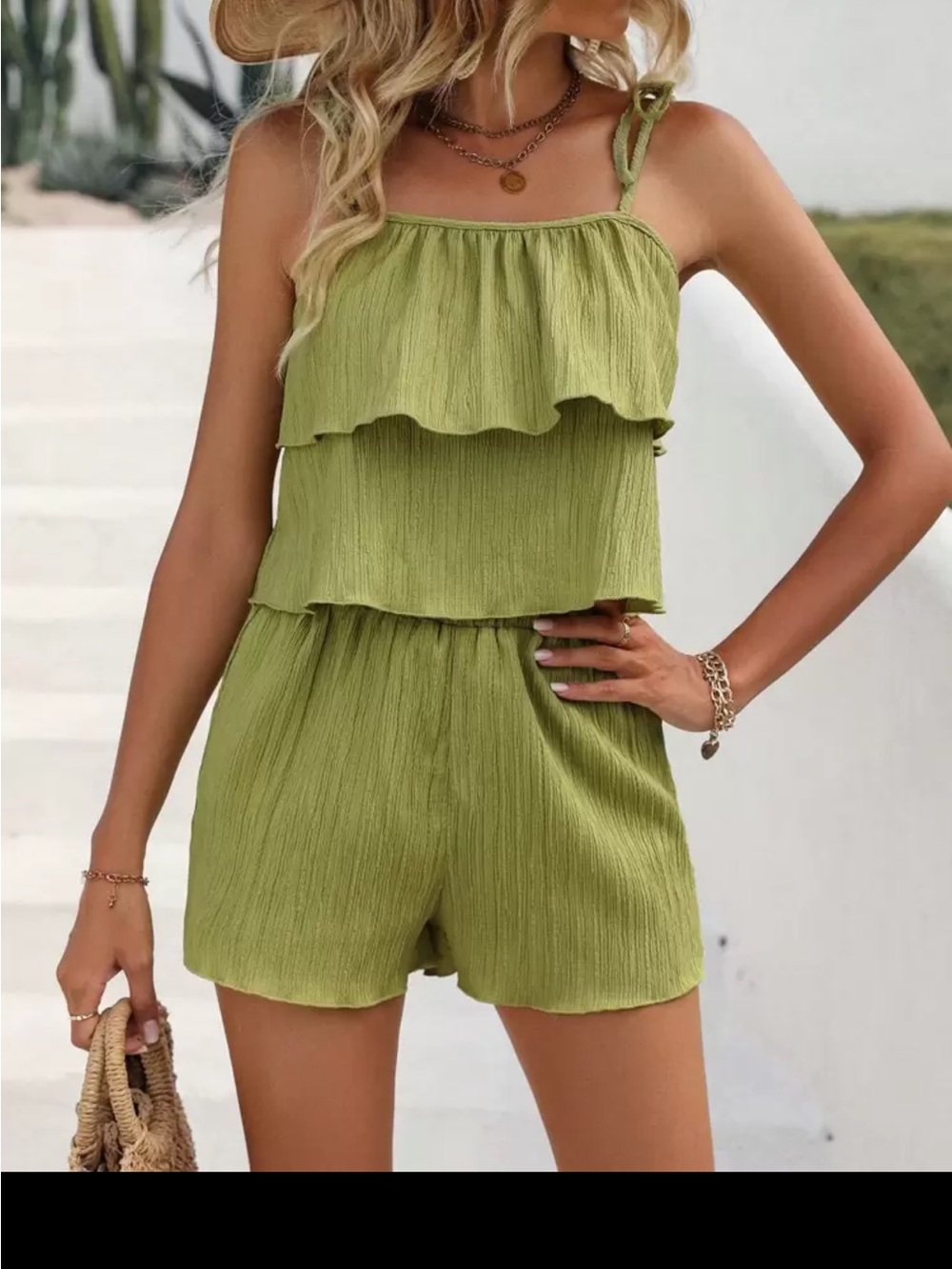 SHEIN Olive Green Tiered Ruffle Tie-Shoulder Romper